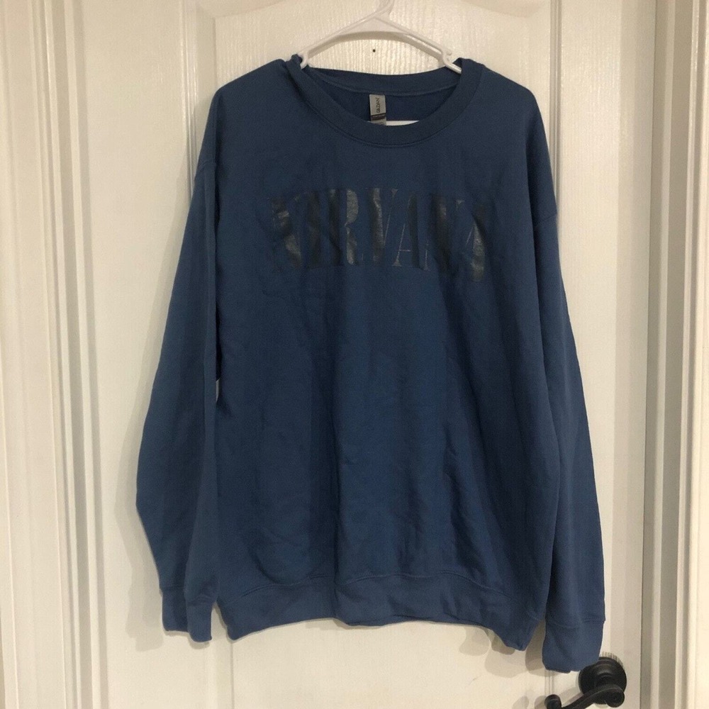 Nirvana Gildan Heavy Blend Blue Graphic Sweatshirt Smiley Face Back Print Large